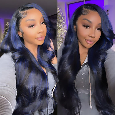 ZSF Body Wave 1b/blue Highlight Transparent Lace Frontal Hair Charming Wig