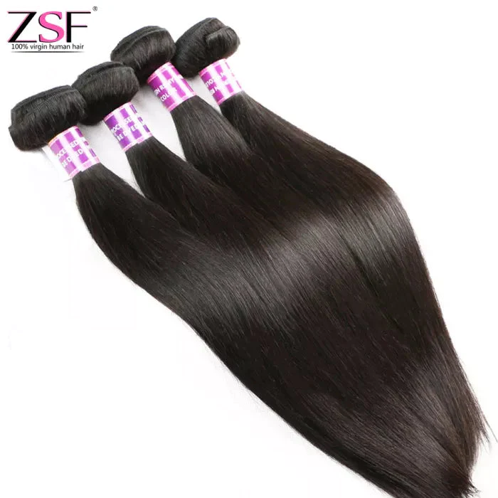 ZSF 10A Grade Straight 3Bundles With Lace Closure 100% Human Hair Natural Black