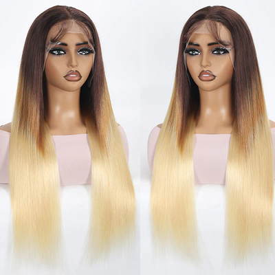 ZSF Brown Ombre Blonde Lace Frontal Human Hair Wigs Pre-Pluck Natural Hairline