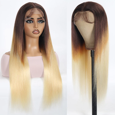 ZSF Brown Ombre Blonde Lace Frontal Human Hair Wigs Pre-Pluck Natural Hairline