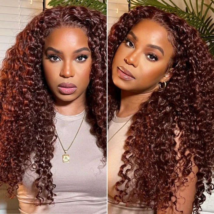 (BUY 1 GET 1 Free) ZSF Jerry Curly Reddish Brown Human Hair Wig HD Lace Wig Pre-Plucked Free Part