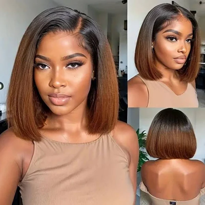 ZSF Ombre Brown T1B/30# Short Cut Bob Straight Remy Hair Transparent Lace Unprocessed Wigs