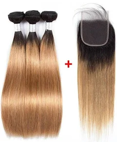 ZSF T1B/27 Ombre Blonde Straight Human Hair 3Bundles With Lace Closure Brazilian Remy Hair