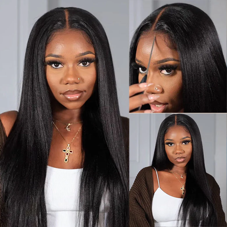 ZSF 7*5 Glueless Yaki Straight HD Lace Wear Go Wig Tiny Knots Pre-Bleached Pre-Cut