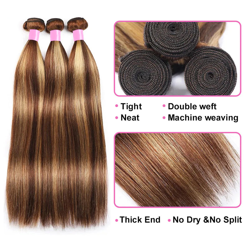 ZSF Brown Blonde P4/27 Highlight Straight Virgin Hair 3Bundles With Lace Closure
