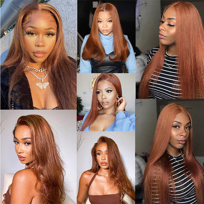 (Clearance Sale)ZSF Auburn Brown 33# Straight Transparent Lace Wig Dark Ginger Human Hair