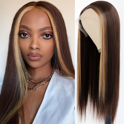 ZSF New Arrivals Brown With Honey Blonde Streaks Middle Part Body Wave Lace Frontal Human Hair Wigs