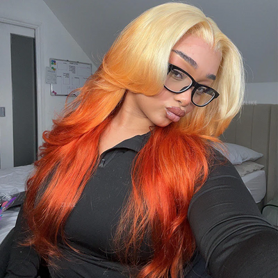 ZSF Orange Ombre Blonde Orange Lace Human Hair Wigs Pre-Plucked Middle Part 180% Density Natural Hairline