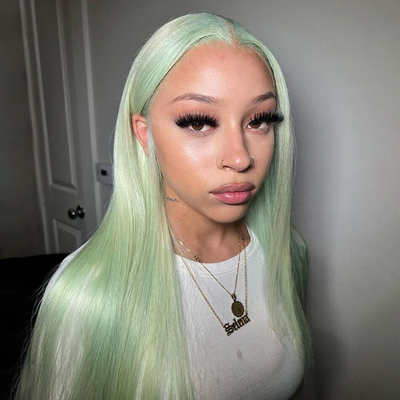 (BUY 1 GET 1 Free) ZSF Hair Mint Green Straight Transparent Lace Frontal Wig 100% Human Hair 1Piece