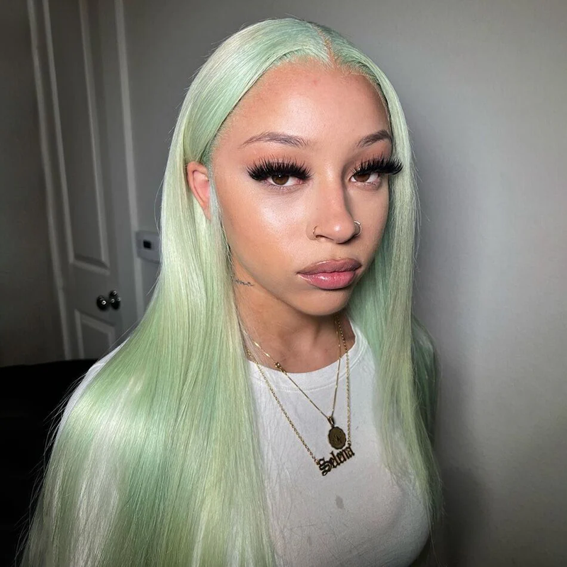 (BUY 1 GET 1 Free) ZSF Hair Mint Green Straight Transparent Lace Frontal Wig 100% Human Hair 1Piece