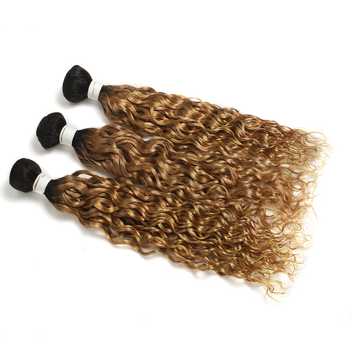 ZSF T1B/27 Ombre Blonde Water Wave Human Hair 3Bundles With Lace Closure Brazilian Remy Hair