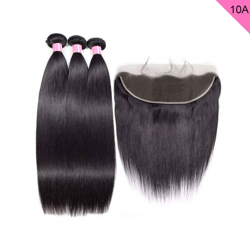 ZSF 10A Grade Straight 3Bundles With Lace Frontal 100% Human Hair Natural Black