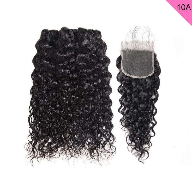 ZSF 10A Grade Hair Water Wave Virgin Hair 3Bundles With Lace Closure Natural Black