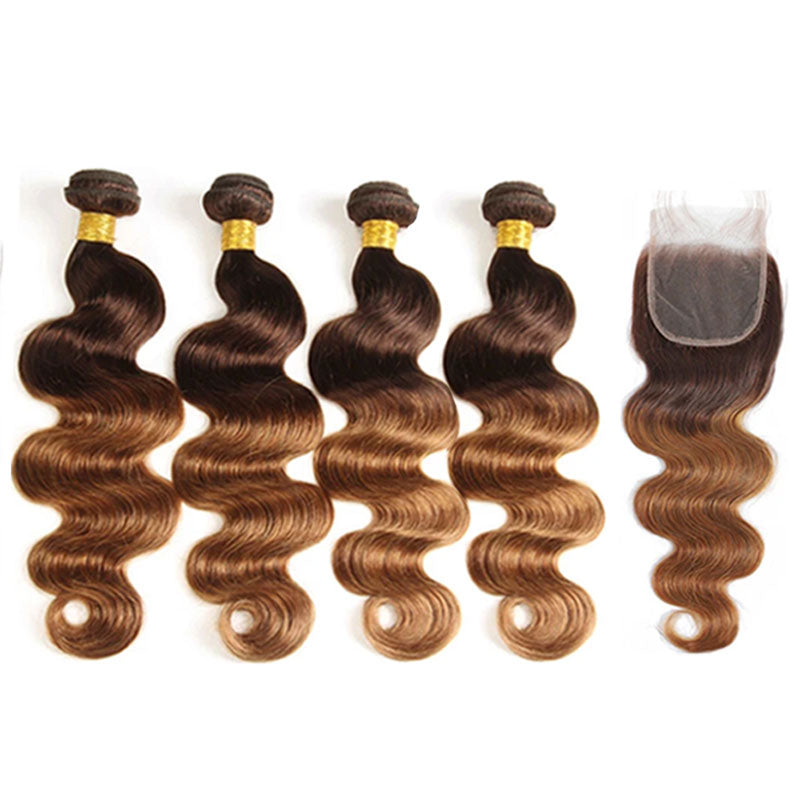 ZSF Ombre T4/30 Body Wave Virgin Hair 4Bundles With Lace Closure 100% Human Hair