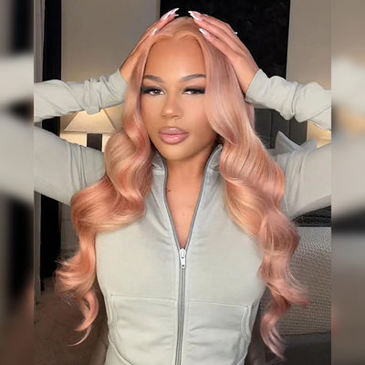 ZSF Hair Milk Tea Pink With Blonde Highlights Body Wave HD Lace Closure Human Hair Colored Wig