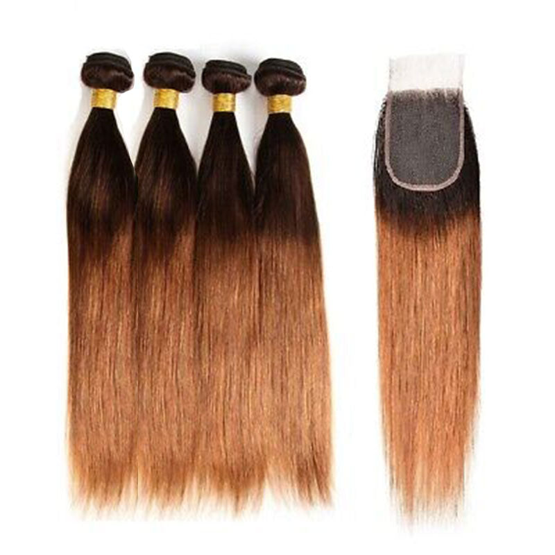 ZSF Ombre T4/30 Straight Virgin Hair 4Bundles With Lace Closure 100% Human Hair