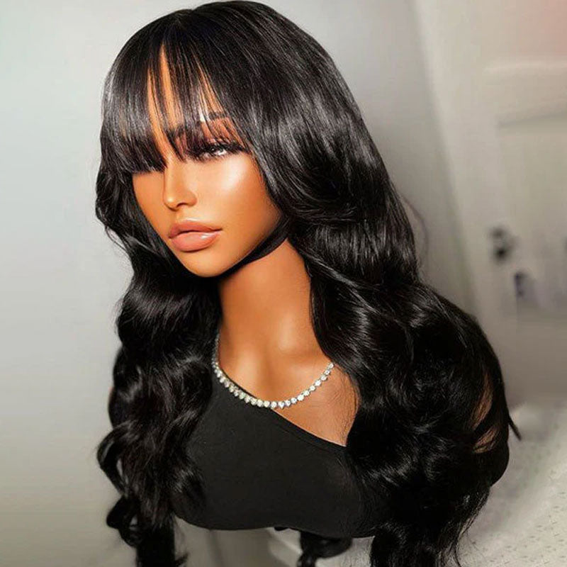 ZSF 7*5 HD Lace Glueless Wig With Bang Body Wave MiniKnots 100% Human Hair