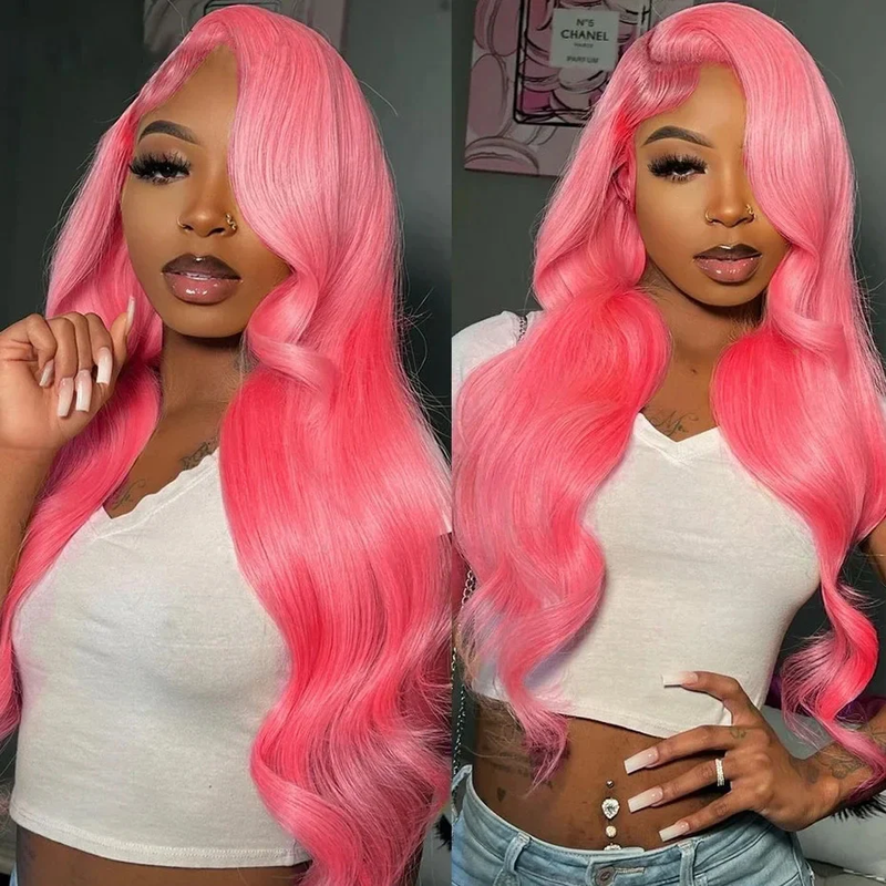 (Clearance Sale) ZSF Pink Body Wave Pre-Plucked Middle Part Lace Frontal Wig Human Hair 1Piece