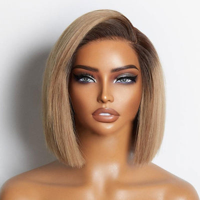 ZSF Dark Root Ash Blonde Straight Virgin Hair Bob Lace Wig Invisible Knots Hair