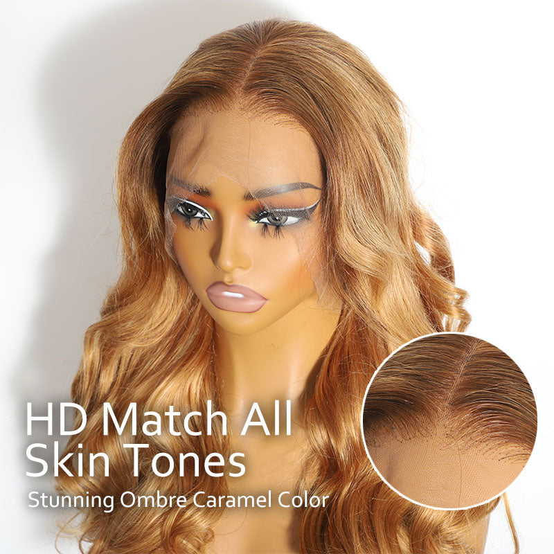 ZSF Caramel Ombre Honey Blonde Body Wave Invisible HD Lace Middle Part Wig Virgin Human Hair Wig
