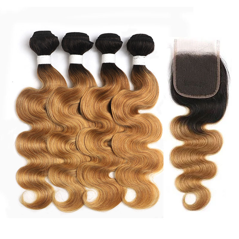 ZSF  T1B/27 Ombre Blonde Body Wave Virgin Hair 4Bundles With Lace Closure 100% Human Hair