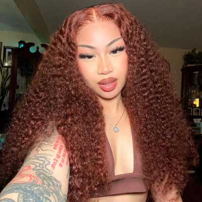 ZSF Jerry Curly Reddish Brown Human Hair Wig HD Lace Wig Pre-Plucked Wear Go Glueless