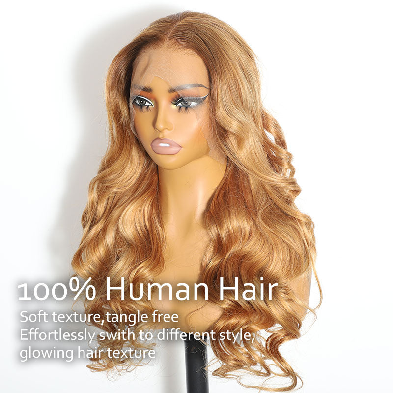 ZSF Caramel Ombre Honey Blonde Body Wave Invisible HD Lace Middle Part Wig Virgin Human Hair Wig