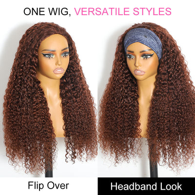 ZSF Hair 3-In-1 Half Wig Flip Over Burmese Curly 33# Auburn Brown Invisi Drawstring Strap Beginner Friendly