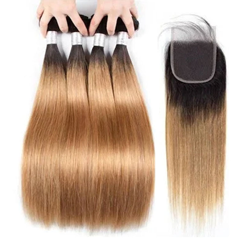 ZSF  T1B/27 Ombre Blonde Straight Virgin Hair 4Bundles With Lace Closure 100% Human Hair