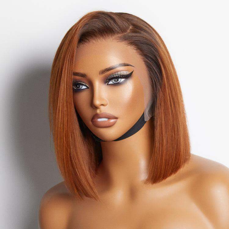 ZSF Ginger Ombre Brown Silky C Part Blunt Cut Glueless Smooth Straight Short Bob Wig Brazilian Lace Virgin Hair 1Piece