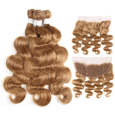 ZSF Honey Blonde #27 Body Wave Human Hair 4 Bundles With Lace Frontal Vigin Hair