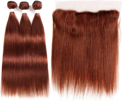 ZSF Auburn Brown #33 Straight Virgin Hair 3 Bundles With Lace Frontal 100% Human Hair