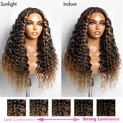 ZSF 7*5 Glueless Black Highlight Wear Go Pre-cut HD Lace Water Wave Hair Wigs