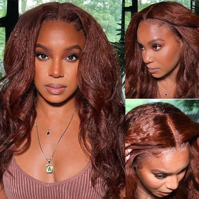 ZSF Auburn Brown #33 Yaki Straight Copper Transparent Lace Wig Pre-Plucked 100% Human Hair