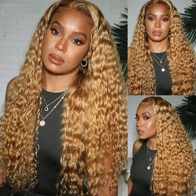 ZSF Honey Blonde #27 Water Wave Human Hair 3 Bundles With Lace Closure Virgin Hair