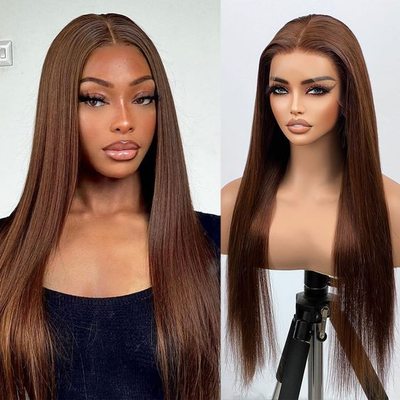 (Clearance Sale) ZSF Dark Brown 2# Straight Colored Hair Transparent Lace Human Hair Wig