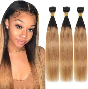 ZSF T1B/27 Ombre Blonde Straight Human Hair 3Bundles With Lace Closure Brazilian Remy Hair