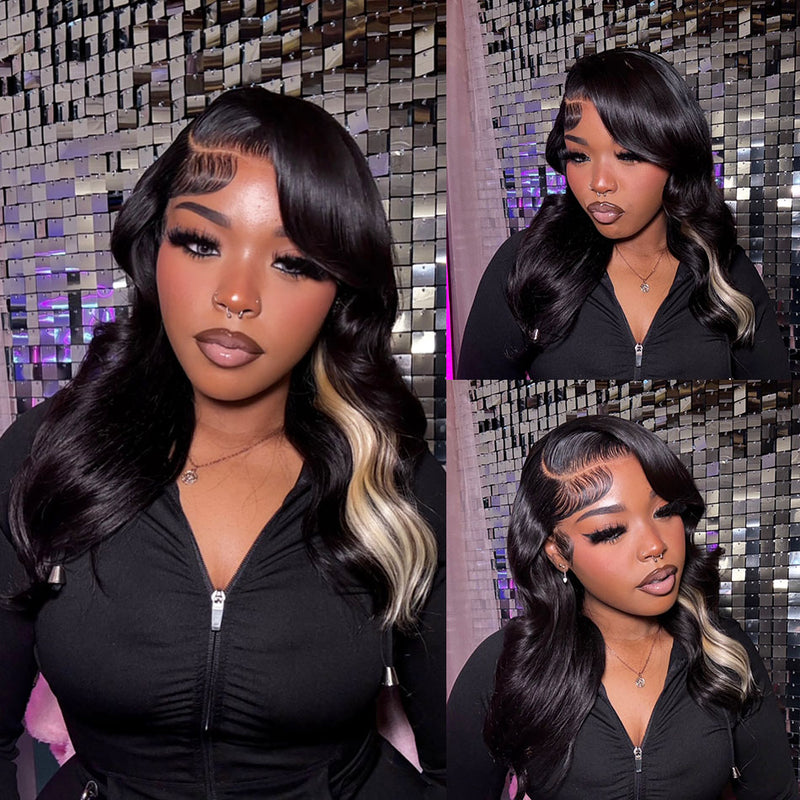 Deals | ZSF New Arrival Blonde Mix Black Body Wave Human Wavy Wig 1B/L613 MIddle Part Shining Looking