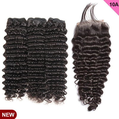 ZSF 10A Grade Hair Deep Wave Virgin Hair 3Bundles With Lace Closure Natural Black