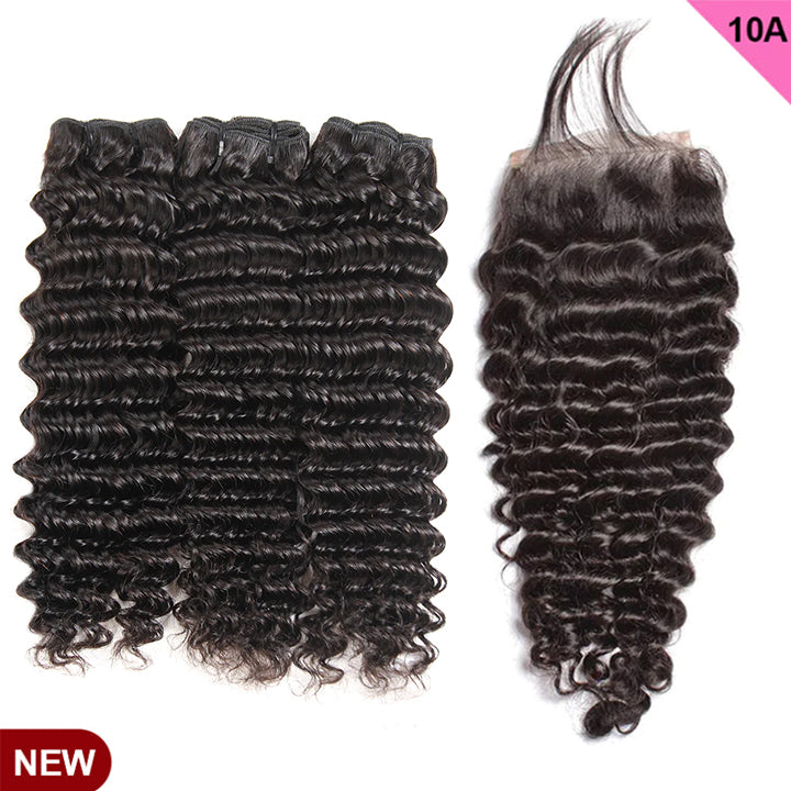 ZSF 10A Grade Hair Deep Wave Virgin Hair 3Bundles With Lace Closure Natural Black