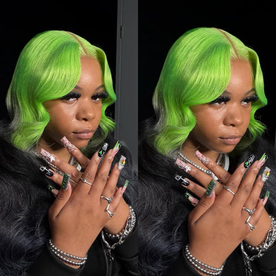 (Ready to Ship) ZSF Halloween Limited|Ombre Green Black Body Wave 100% Human Hair Wavy Wig Middle Part Natural Hairline