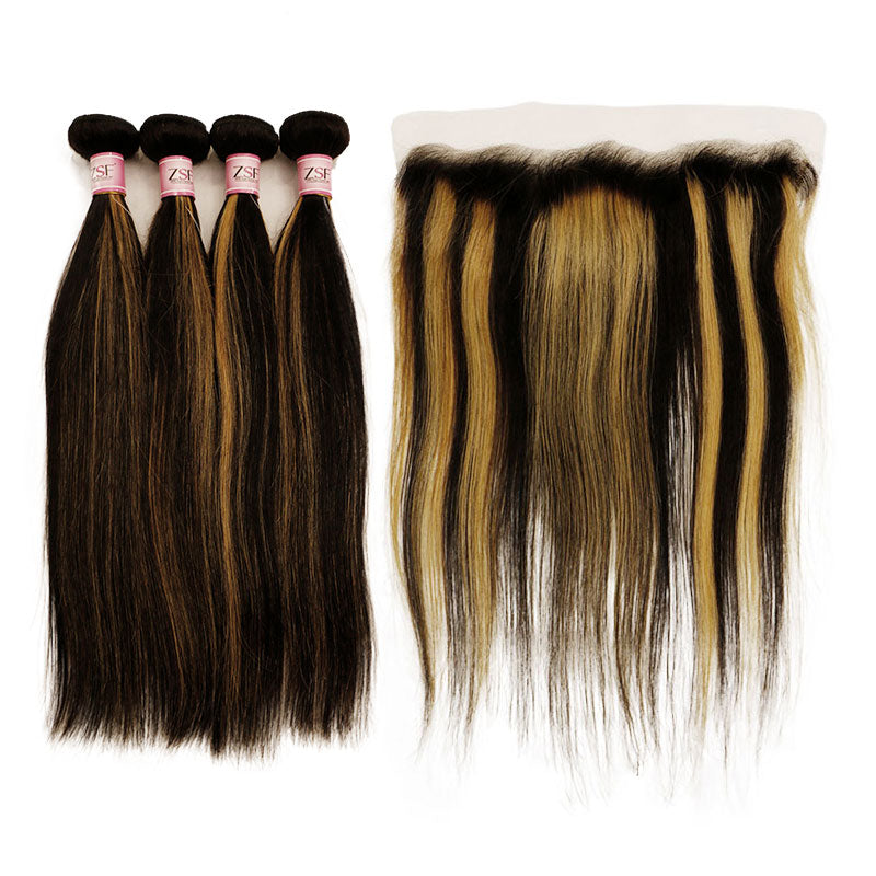 ZSF Ombre Blonde P1B/27 Straight Virgin Hair 4Bundles With Lace Frontal 100% Human Hair