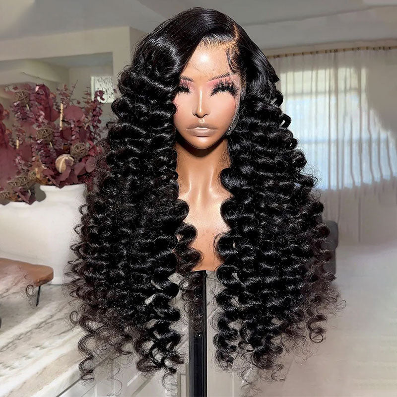 ZSF Bouncy & Wand Curls C Part Glueless Lace Front Pre-Bleached Knots Natural Black Human Hair Wigs