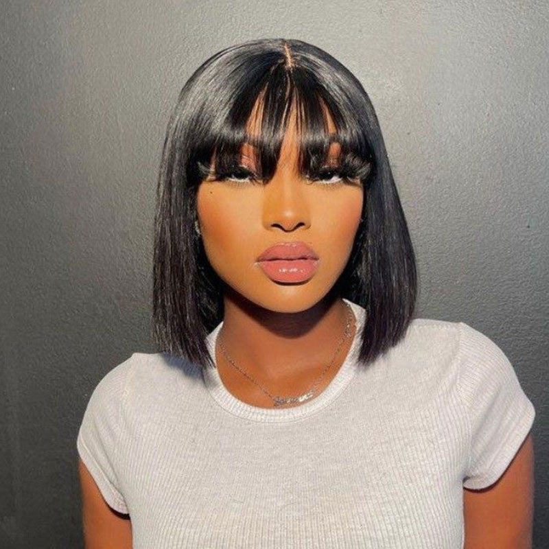 ZSF Bob Wig With Bang Glueless Silky Straight Lace Closure Human Vigin Hair Pre-Cut Lace