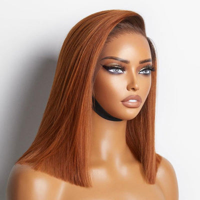 ZSF Ginger Ombre Brown Silky C Part Blunt Cut Glueless Smooth Straight Short Bob Wig Brazilian Lace Virgin Hair 1Piece