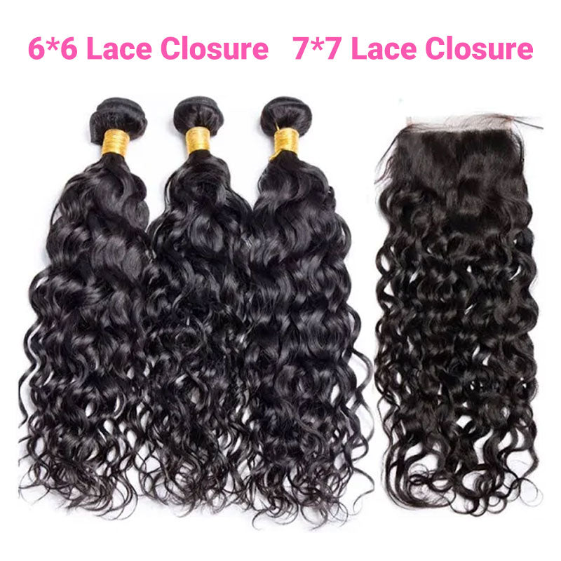 ZSF 6×6/7×7 Lace Closure With Water Wave Bundles Grade 8A Virgin Hair Unprocessed Natural Black Hair Weaving