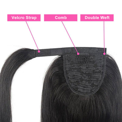 ZSF Kinky Straight Ponytail Human Hair With Clip In Extensions Natural Black One Piece