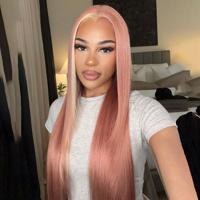 ZSF Hair Milk Tea Pink With Blonde Highlights Body Wave HD Lace Closure Human Hair Colored Wig