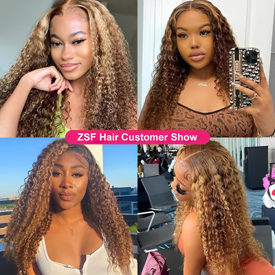 ZSF Hair 4/27# Highlight Brazilian Kinky Curly Lace Wig Natural Hairline 1PC