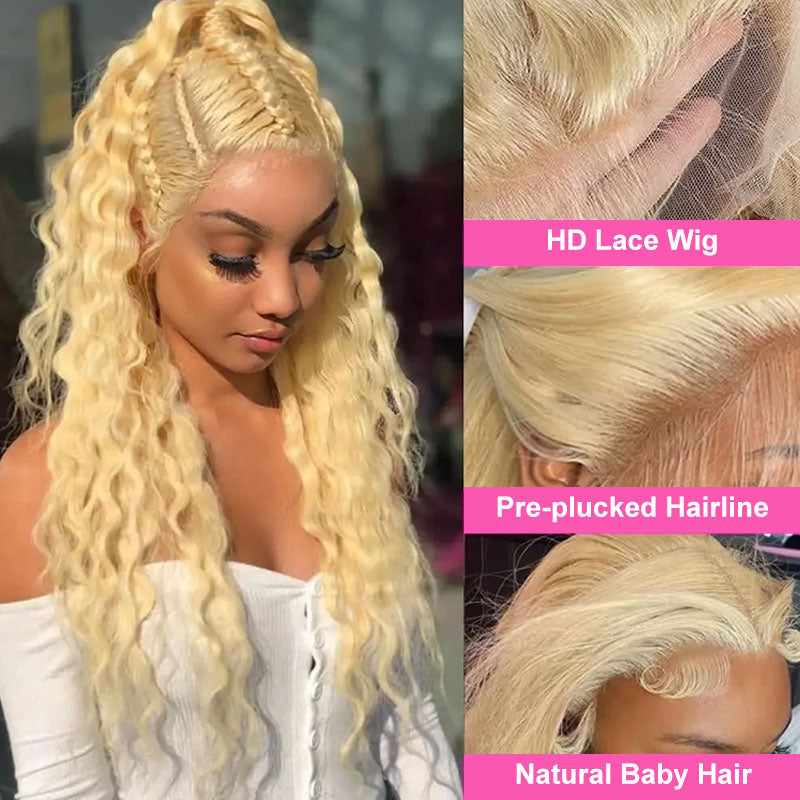 ZSF Deep Wave Blonde Russian HD Lace Frontal Wig 613 Preplucked With Baby Hair